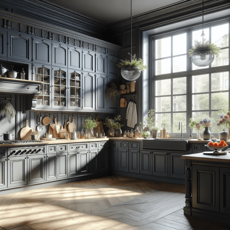 anthrazitfarbene Küche im Shabby Chic Stil-Essen