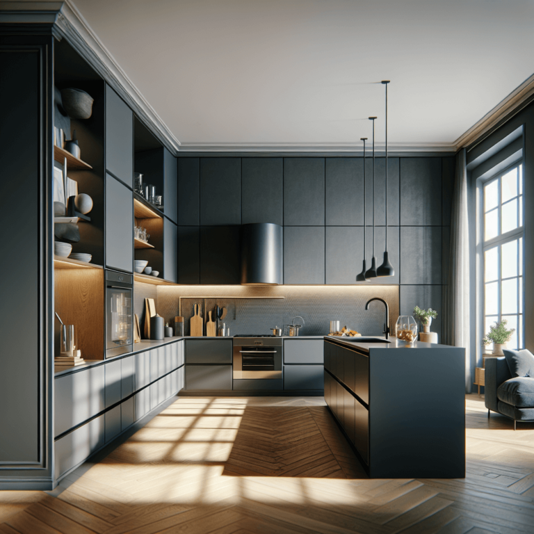 anthrazitfarbene Küche in L-Form-Essen