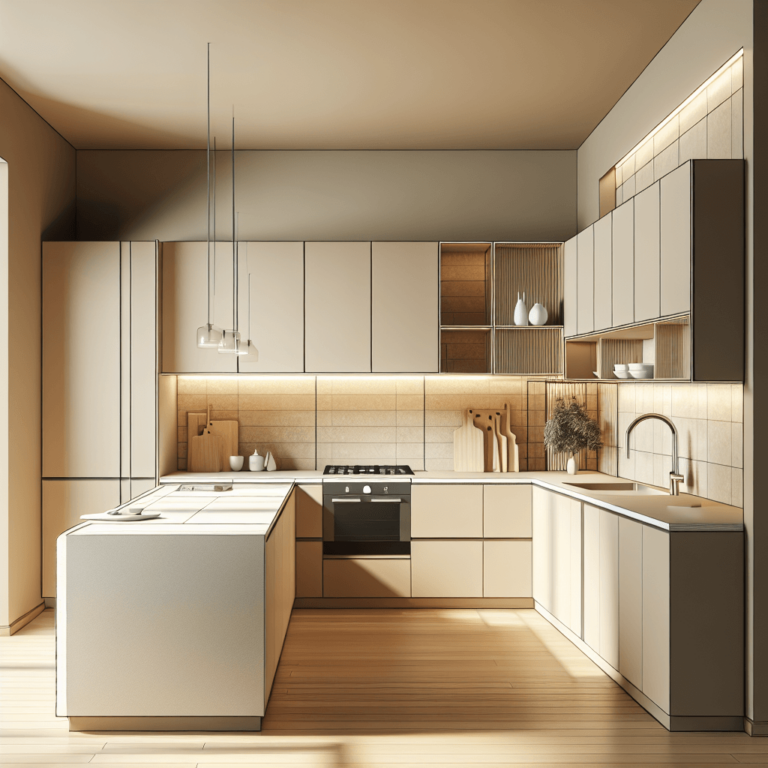 beige Küche in L-Form-Essen