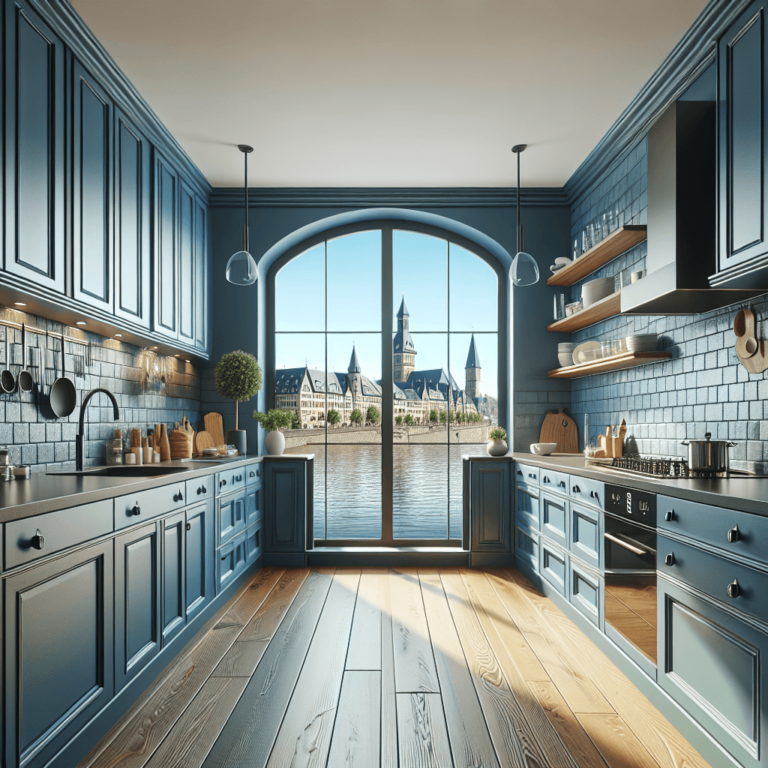 blaue Einbauküche-Essen