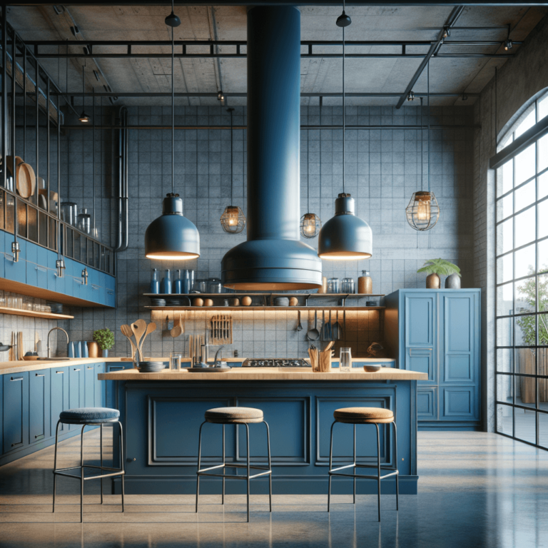 blaue Industrial Style Küche-Essen