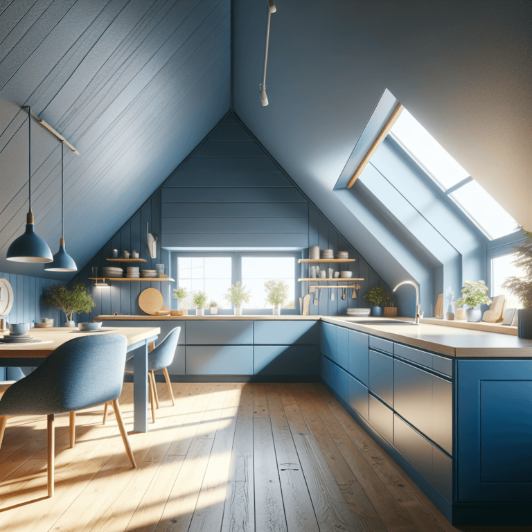 blaue Küche für Dachschräge-Essen