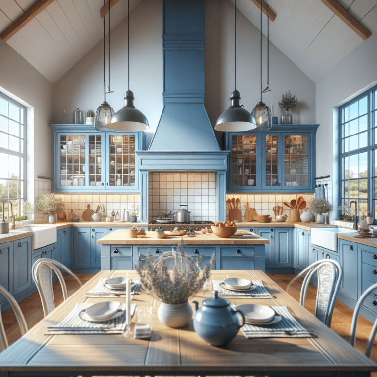 blaue Küche im Bauernhausstil-Essen