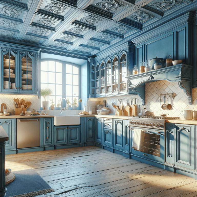 blaue Küche im Shabby Chic Stil-Essen