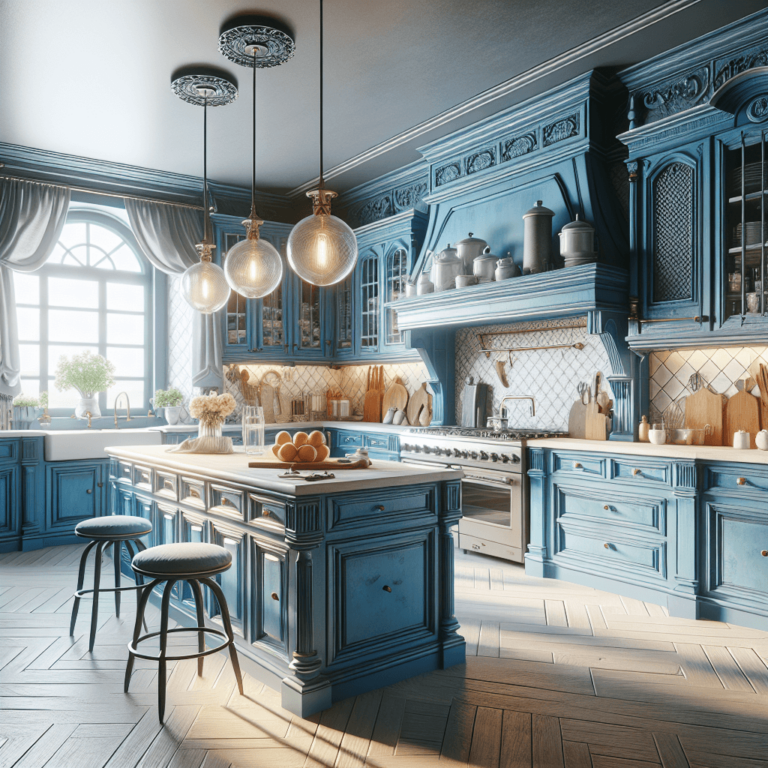 blaue Küche im Vintage Chic Stil-Essen