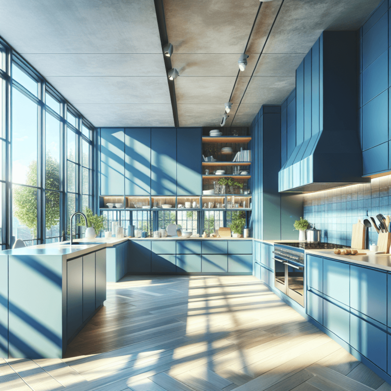 blaue Küche in L-Form-Essen