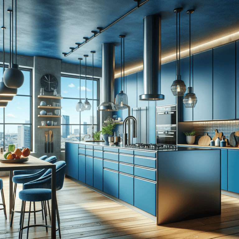 blaue Küche mit Stahlakzenten-Essen