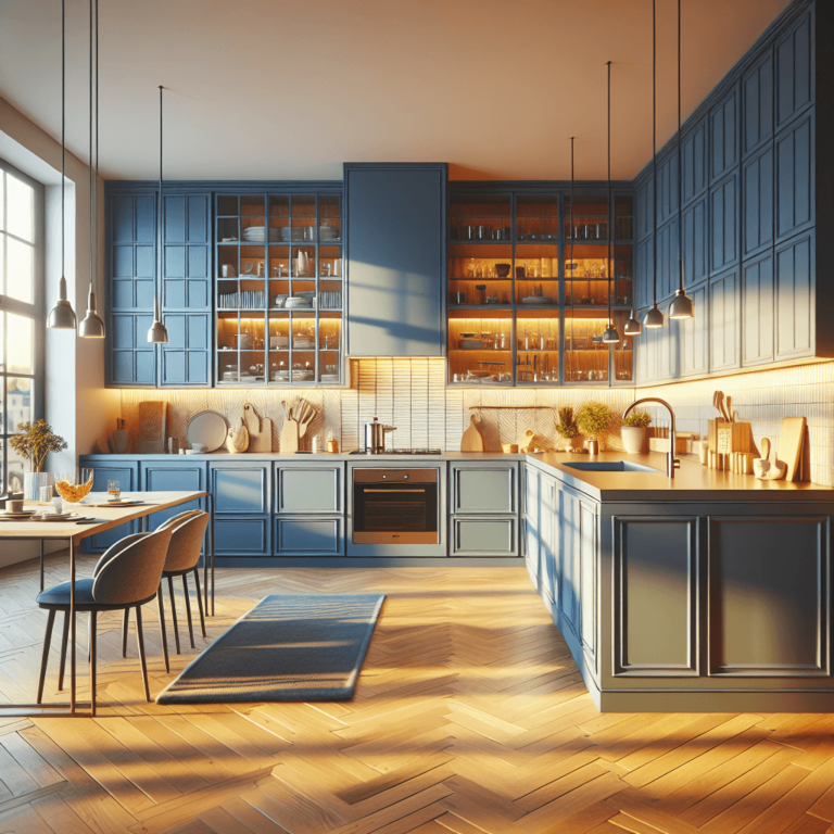 blaue einzeilige Küche-Essen