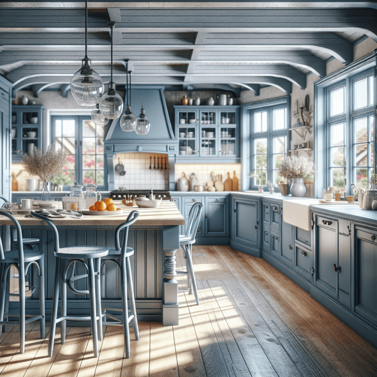 blaugraue Küche im Bauernhausstil-Essen