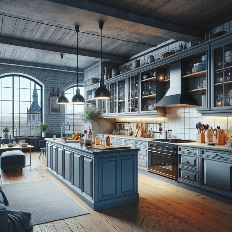 blaugraue Küche im Loftstil-Essen