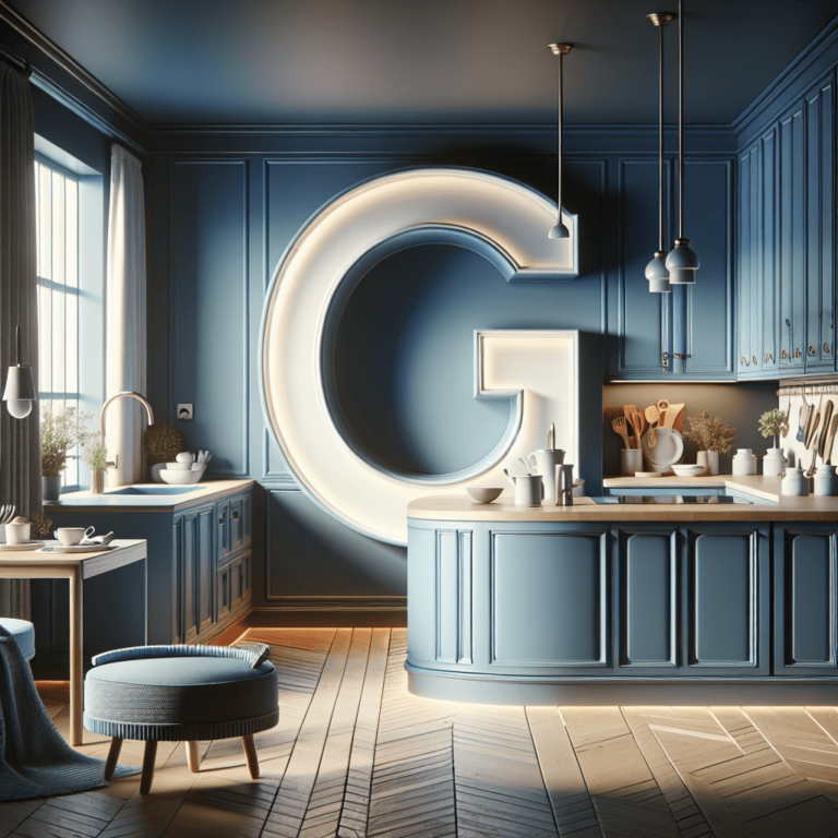 blaugraue Küche in G-Form-Essen