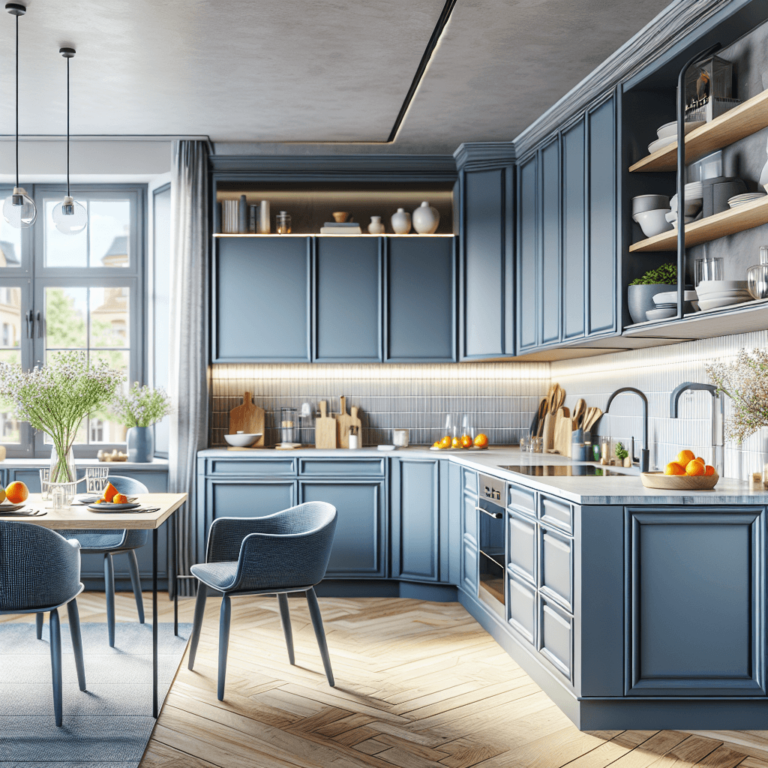 blaugraue Küche in L-Form-Essen