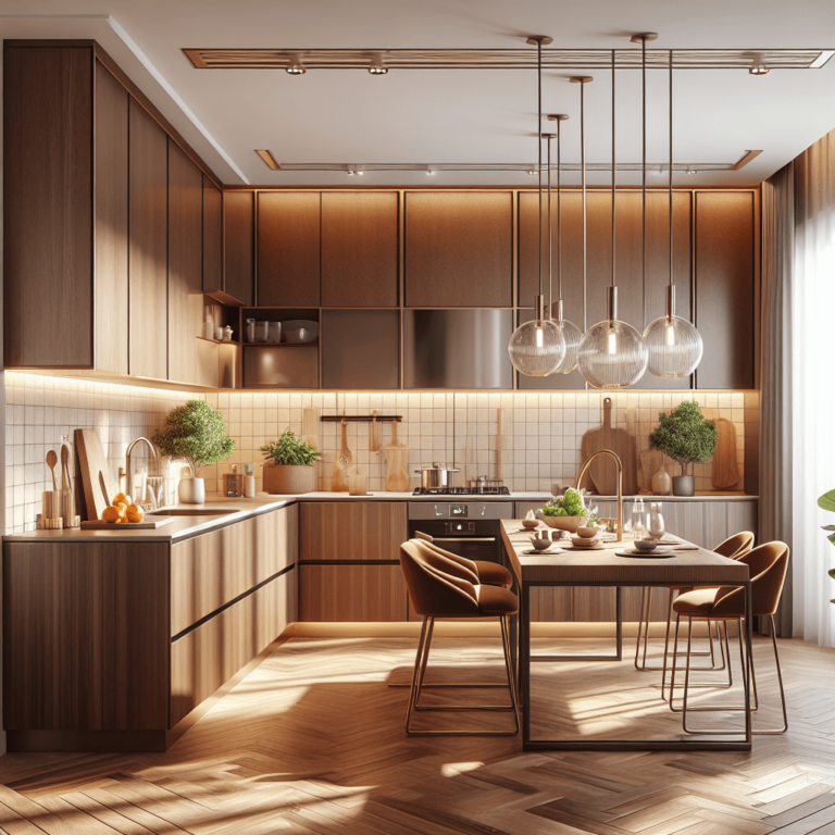 braune Küche in L-Form-Essen