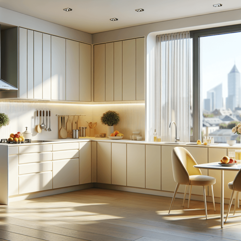 cremefarbene Küche in L-Form-Essen