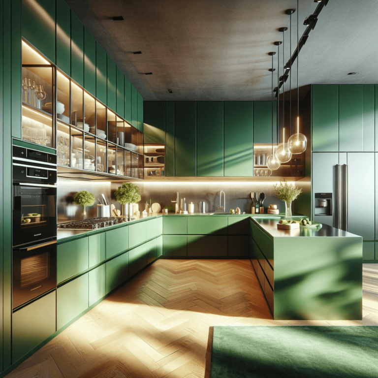 grüne Küche in L-Form-Essen