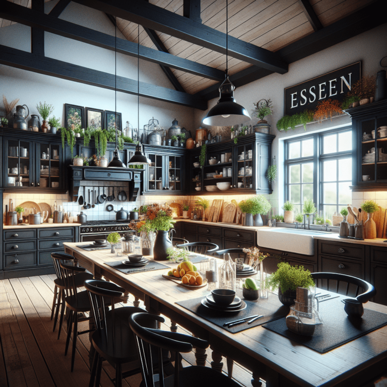 schwarze Küche im Bauernhausstil-Essen