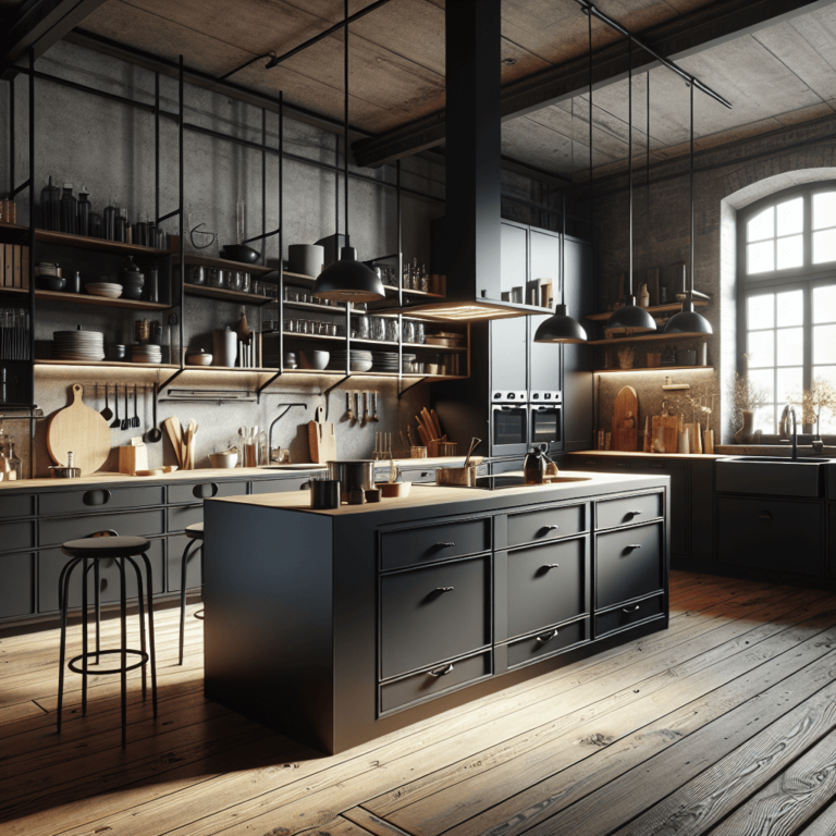 schwarze Küche im Loftstil-Essen