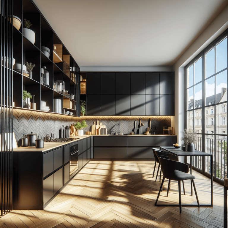 schwarze einzeilige Küche-Essen