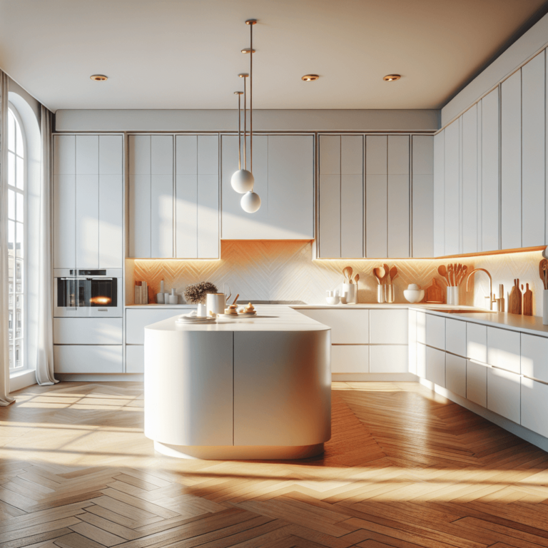 weiße Küche in G-Form-Essen